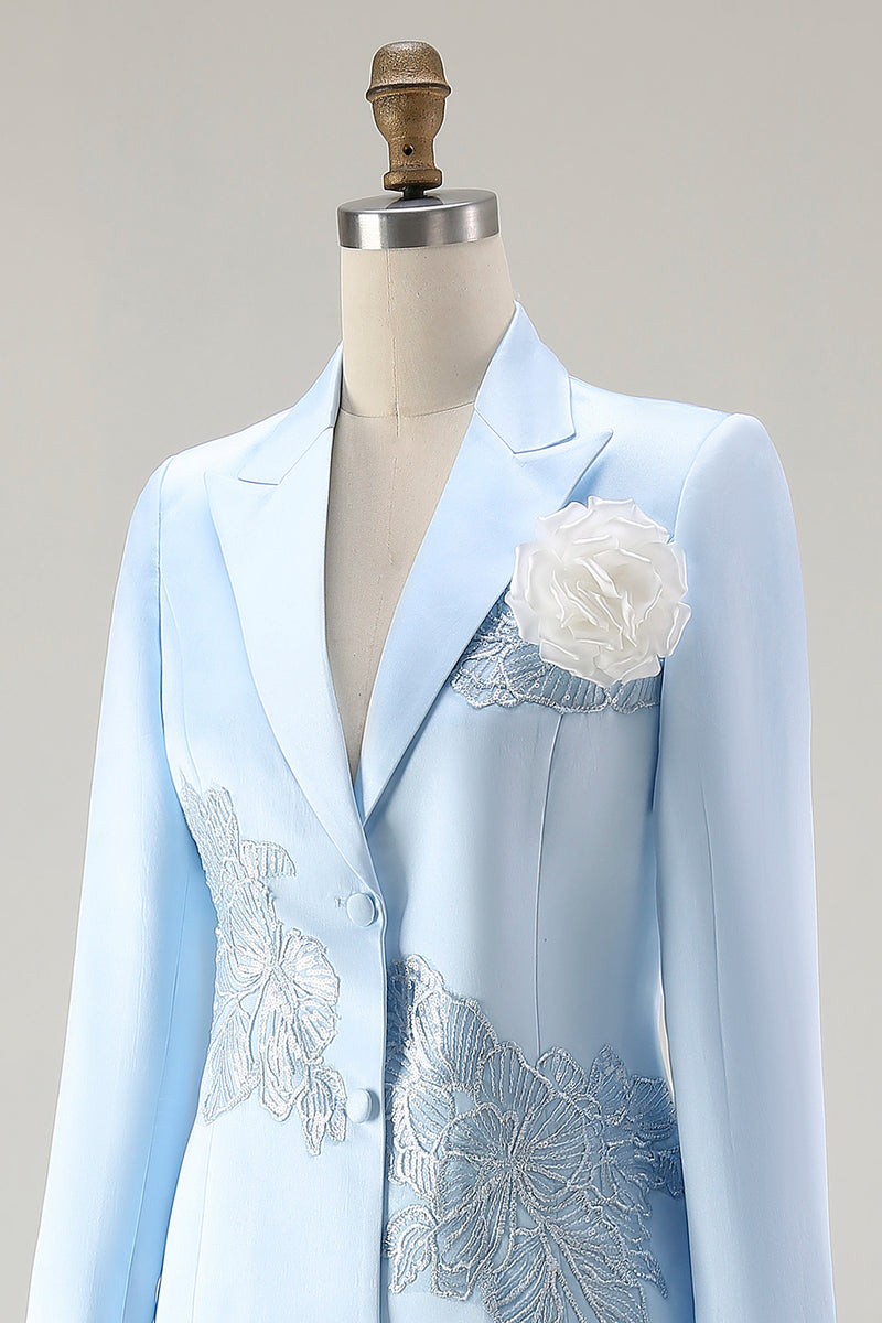 Load image into Gallery viewer, Elegant Floral Blue Satin Peak Lapel Midi Mother of the Bride Dress
