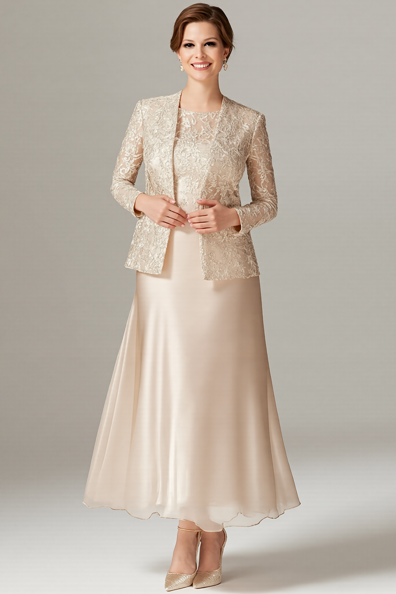 Queendancer Women Mother of the Groom Dress Floral Champagne Mother of the Bride  Dress with Sparkly Jacket 3/4 Sleeves Satin Ankle Length Mother Dress   queendancer
