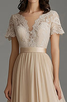 Load image into Gallery viewer, Champagne A Line Pleated Chiffon Mother of the Bride Dress with Lace