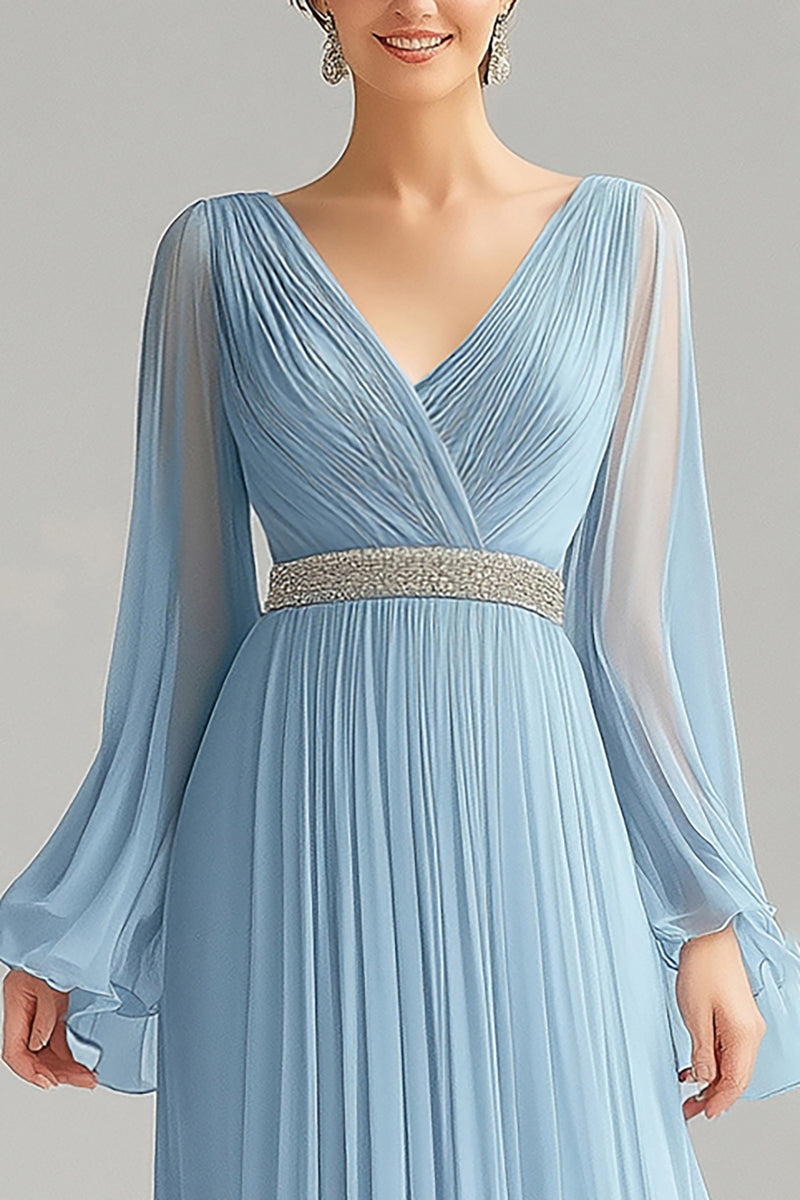 Queendancer Women Sky Blue Chiffon Formal Dress with Long Sleeves A