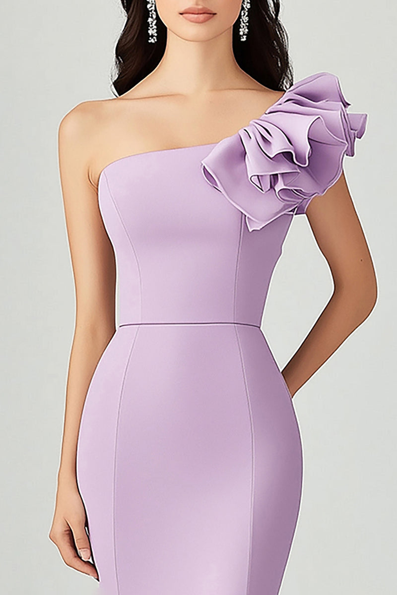 Load image into Gallery viewer, Lilac Satin Asymmetrical One Shoulder Long Formal Dress with Ruffles