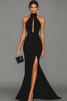 Load image into Gallery viewer, Queendancer Women Elegant Black Satin Formal Dress with Slit Mermaid Keyhole Backless Long Prom Dress