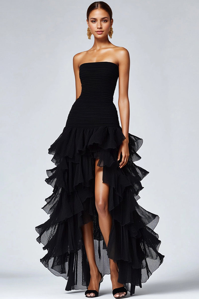 Queendancer Women Black Organza Long Formal Dress with Slit A Line  Strapless Black Tie Dress with Ruffles High-Low Ankle Length Tiered Gala  Dress – queendancer