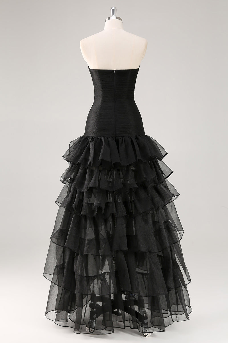 Load image into Gallery viewer, Elegant Black Strapless Tiered Long Organza Formal Dress with Slit