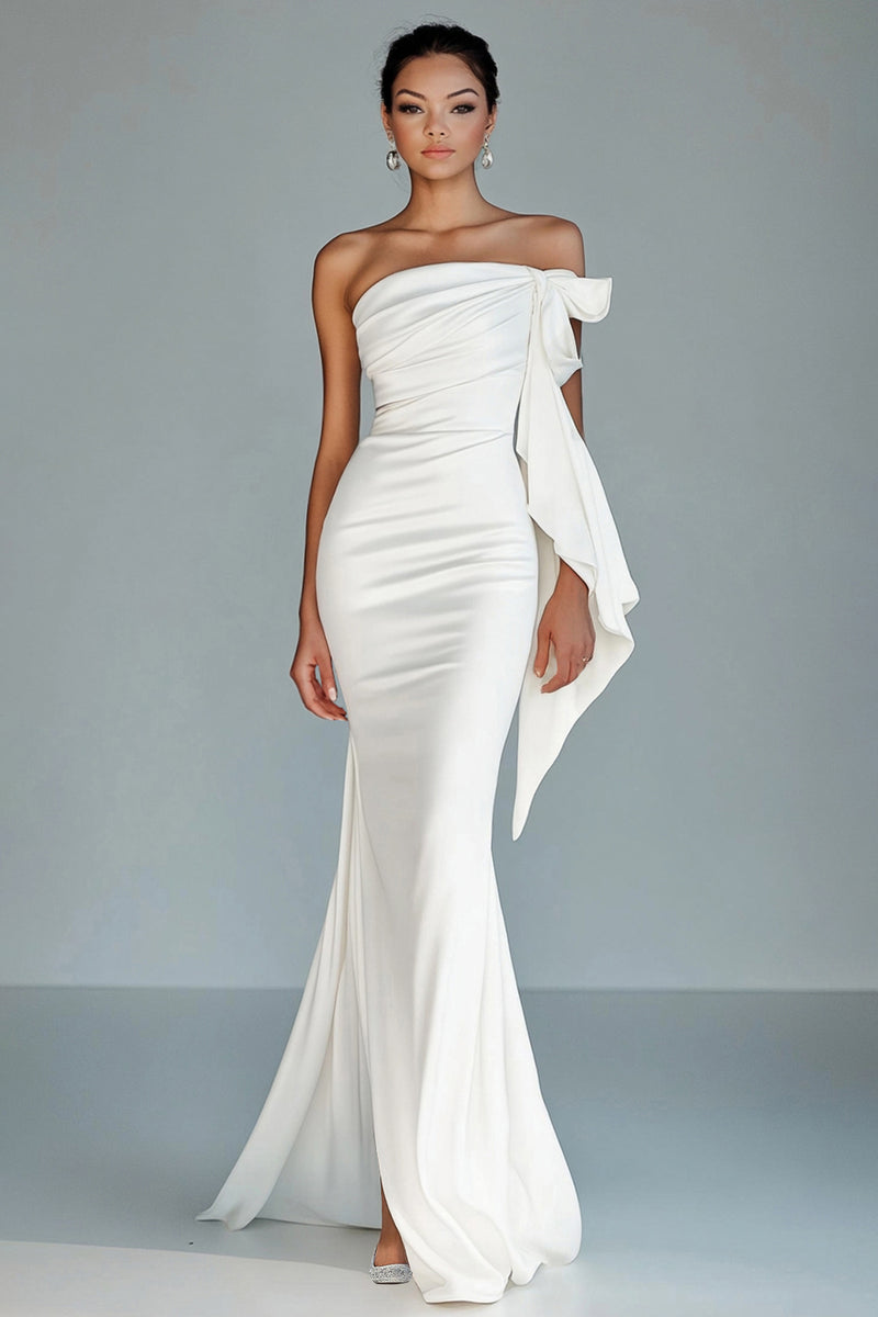 Load image into Gallery viewer, Queendancer Women White Satin Long Formal Dress with Slit Sheath Strapless Ruched Evening Dress