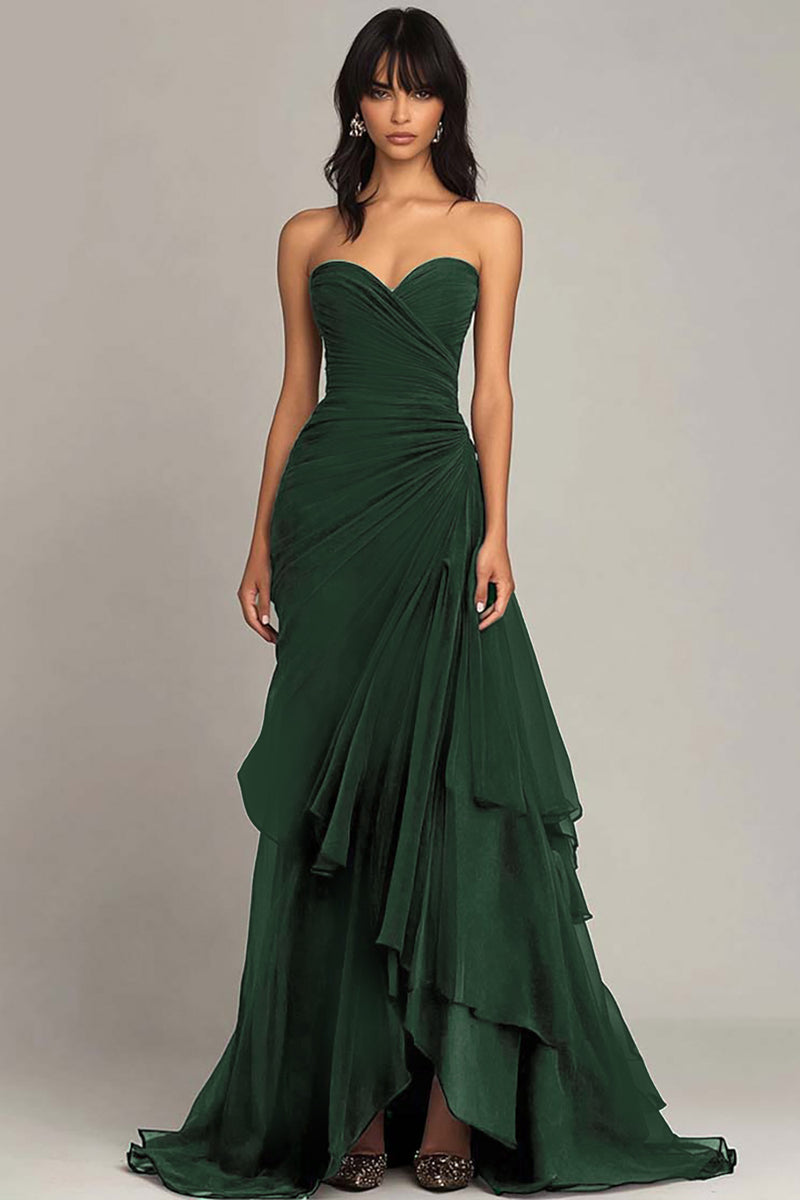 Queendancer Women Black Chiffon Tiered Long Black Tie Dress Strapless  Ruched Sheath Formal Dress  queendancer