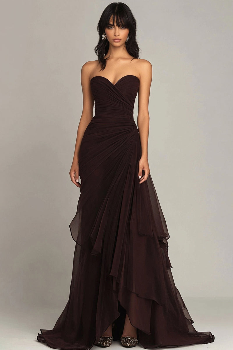 Queendancer Women Dark Brown Chiffon Black Tie Dress Formal Maxi Dress  Sheath Sweetheart Tiered Strapless Ruched Long Evening Dress – queendancer