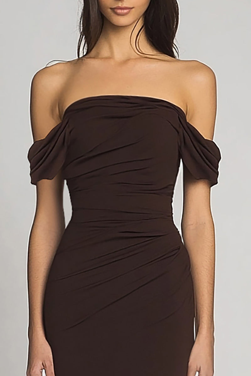 Queendancer Women Dark Brown Formal Dress Sheath Off the Shoulder