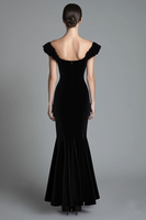 Load image into Gallery viewer, Black Off the Shoulder Asymmetrical Velvet Long Formal Dress