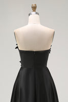 Load image into Gallery viewer, Black Satin A Line Asymmetrical Long Formal Dress with 3D Flowers