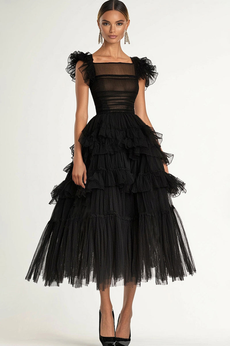 Queendancer Women Black Tulle Formal Dress A Line Tiered Sqaure Neck Long Prom Dress queendancer Queendancer Women Black Tulle Formal Dress A Line Tiered Sqaure Neck Long Prom Dress queendancer