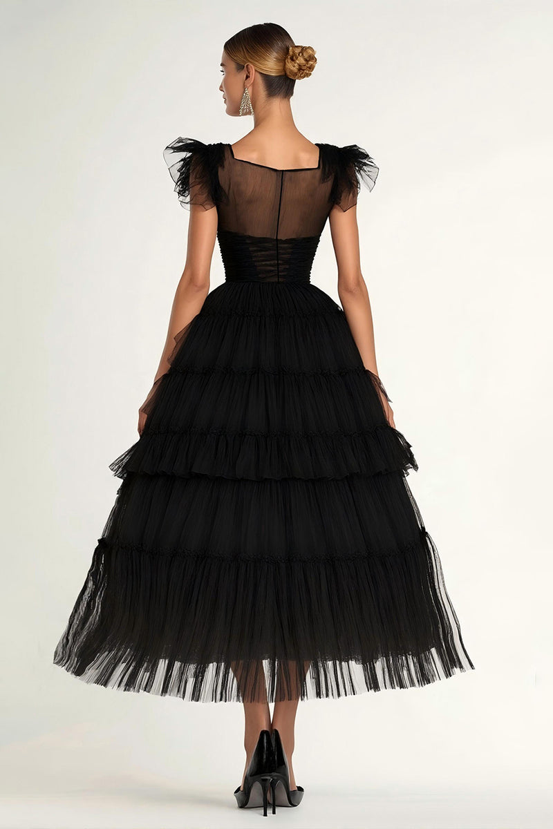 Queendancer Women Black Tulle Formal Dress A Line Tiered Sqaure Neck Long Prom  Dress  queendancer