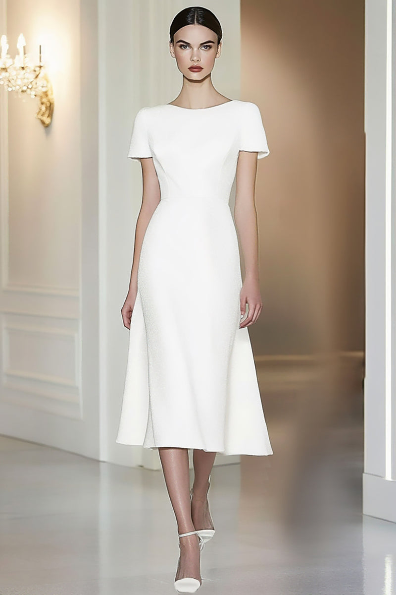 Queendancer Women White Formal Dress Midi Satin Boat Neck Short Sleeves