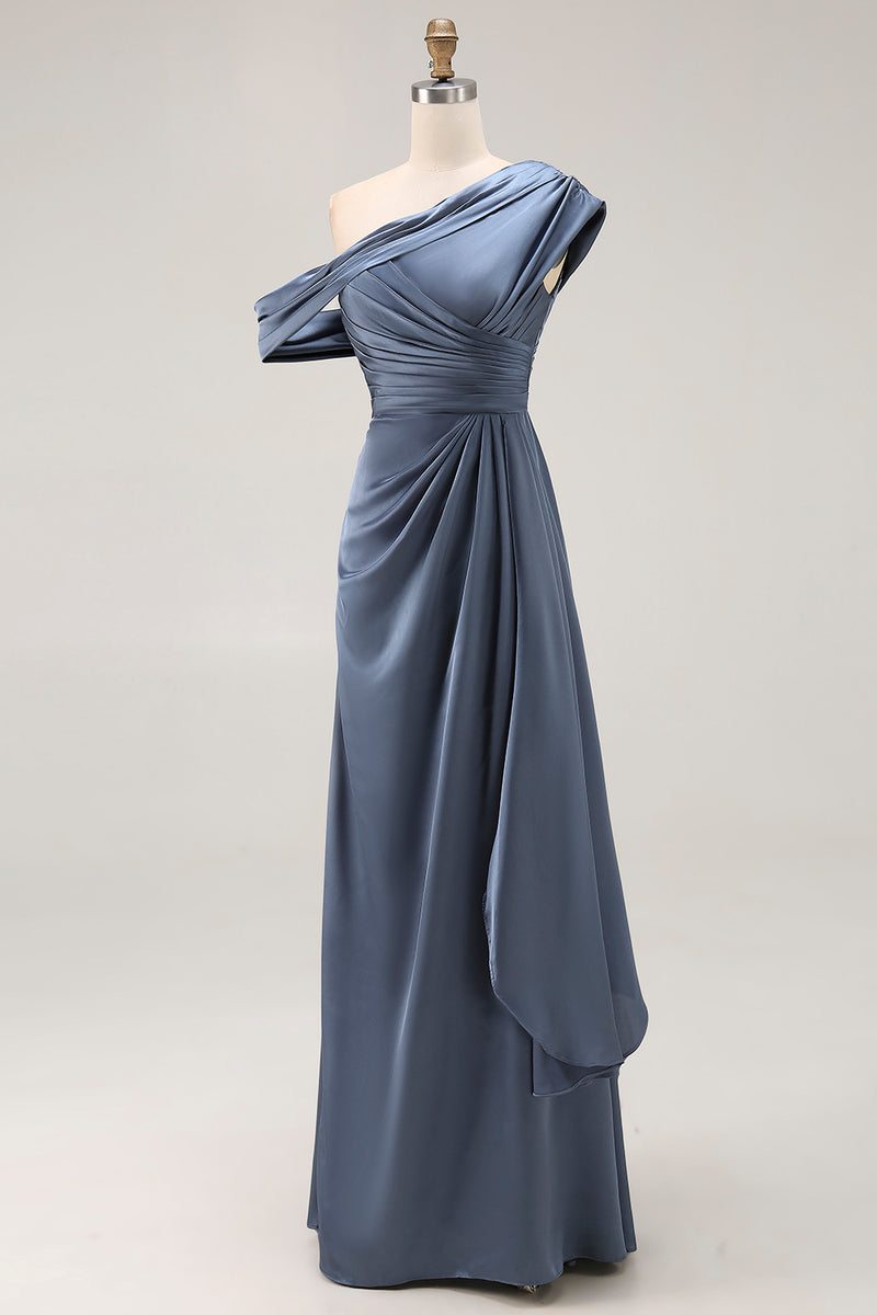 Load image into Gallery viewer, Grey Blue Satin Ruched Asymmetrical Mother of the Bride Dress