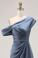 Load image into Gallery viewer, Grey Blue Satin Ruched Asymmetrical Mother of the Bride Dress