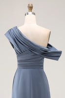 Load image into Gallery viewer, Grey Blue Satin Ruched Asymmetrical Mother of the Bride Dress