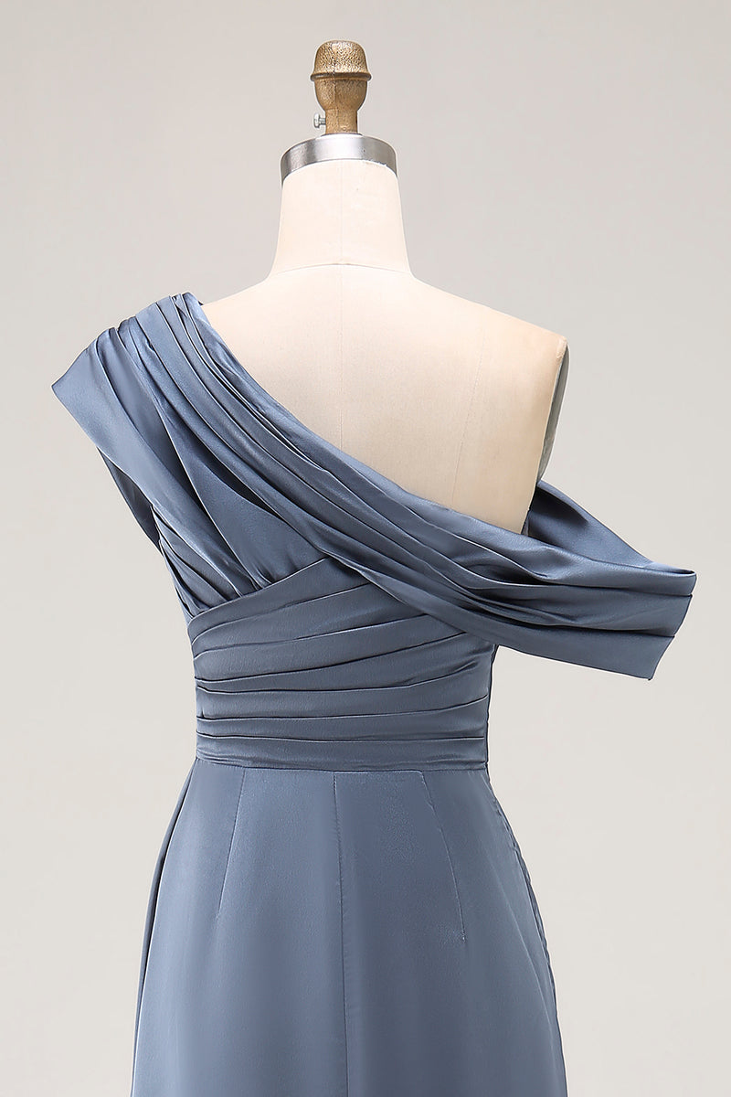 Load image into Gallery viewer, Grey Blue Satin Ruched Asymmetrical Mother of the Bride Dress