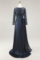Load image into Gallery viewer, Navy Lace A Line Boat Neck Floor Length Mother of the Bride Dress