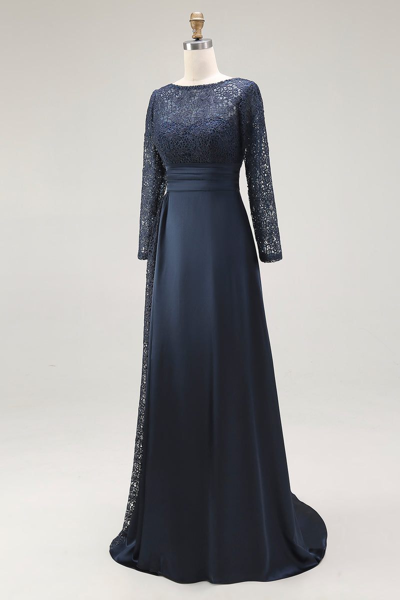 Load image into Gallery viewer, Navy Lace A Line Boat Neck Floor Length Mother of the Bride Dress
