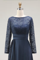 Load image into Gallery viewer, Navy Lace A Line Boat Neck Floor Length Mother of the Bride Dress