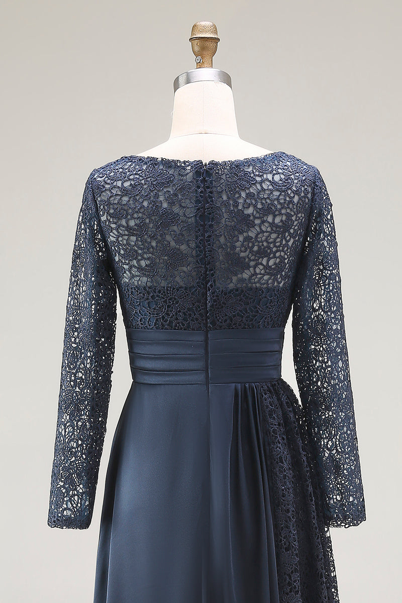 Load image into Gallery viewer, Navy Lace A Line Boat Neck Floor Length Mother of the Bride Dress