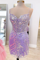 Load image into Gallery viewer, Sparkly Bodycon Spaghetti Straps White Corset Homecoming Dress with Sequins