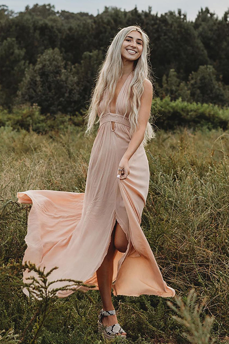 Load image into Gallery viewer, Light Pink Sheath Halter Maxi Wedding Guest Dress with Slit