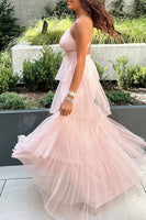 Load image into Gallery viewer, Blush Tulle A Line Tiered Halter Long Prom Dress with Ruffles
