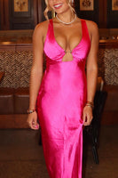 Load image into Gallery viewer, Fuchsia Sheath Satin Cut Out Thick Straps Maxi Dress