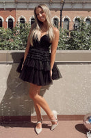 Load image into Gallery viewer, Black A-Line Spaghetti Straps Tulle Tiered Short Homecoming Dress