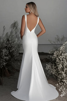 Ivory Satin Boat Neck Sheath Sweep Train Wedding Dress with Slit