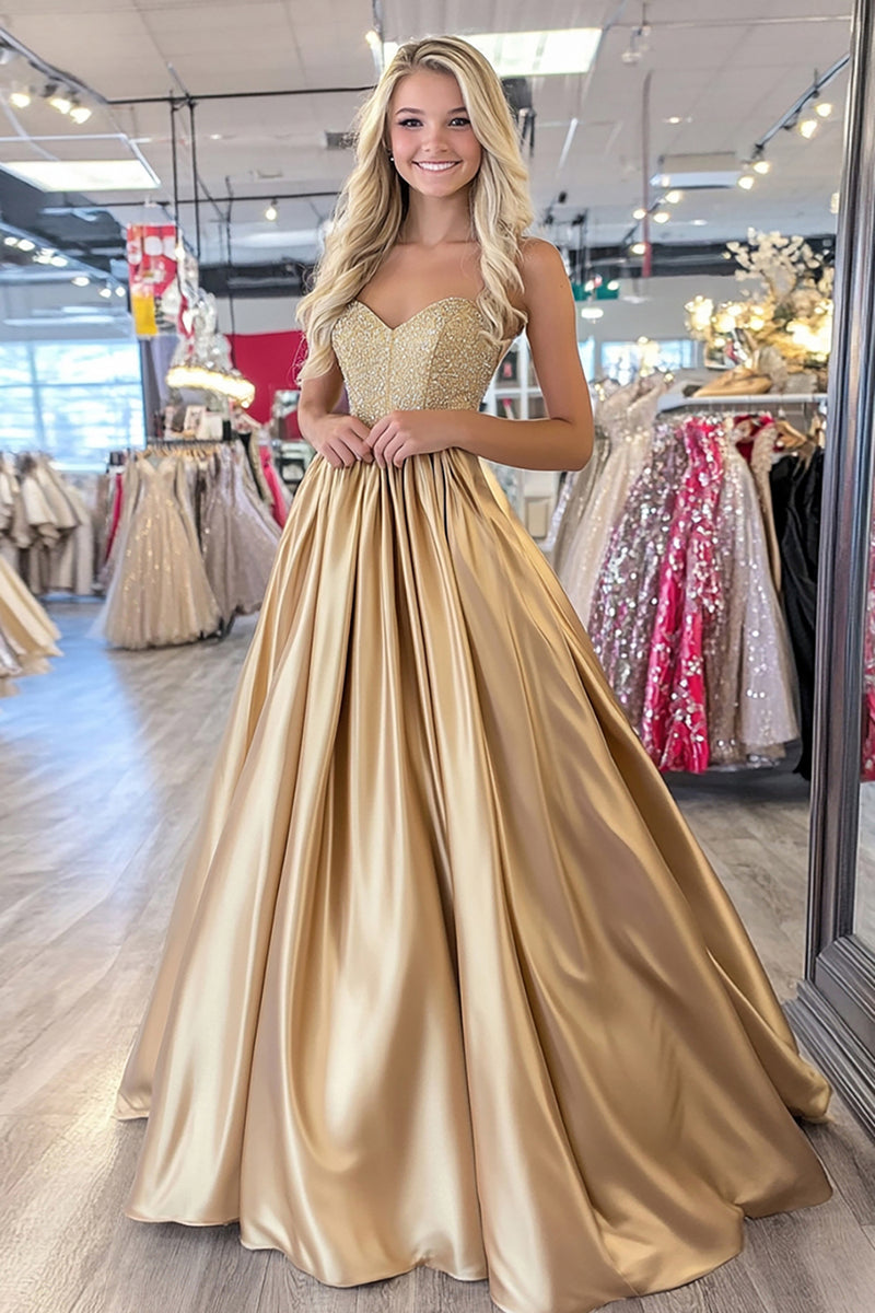 Load image into Gallery viewer, Sparkly Gold Ball Gown Corset Satin Prom Dress with Beading