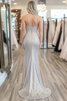 Sparkly Silver Corset Sequin Long Prom Dress with Slit