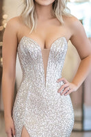 Load image into Gallery viewer, Sparkly Silver Corset Sequin Long Prom Dress with Slit
