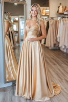 Load image into Gallery viewer, Gold Satin A Line Strapless Long Prom Dress