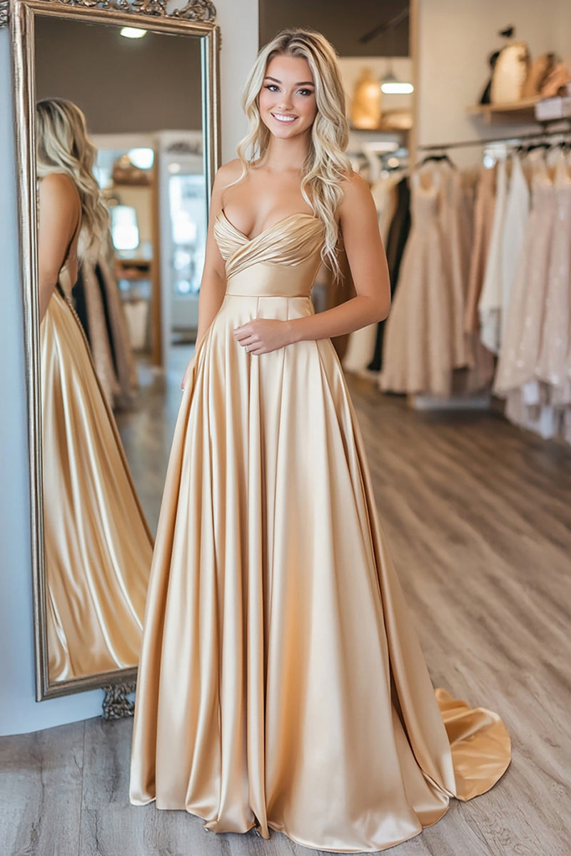 Load image into Gallery viewer, Gold Satin A Line Strapless Long Prom Dress