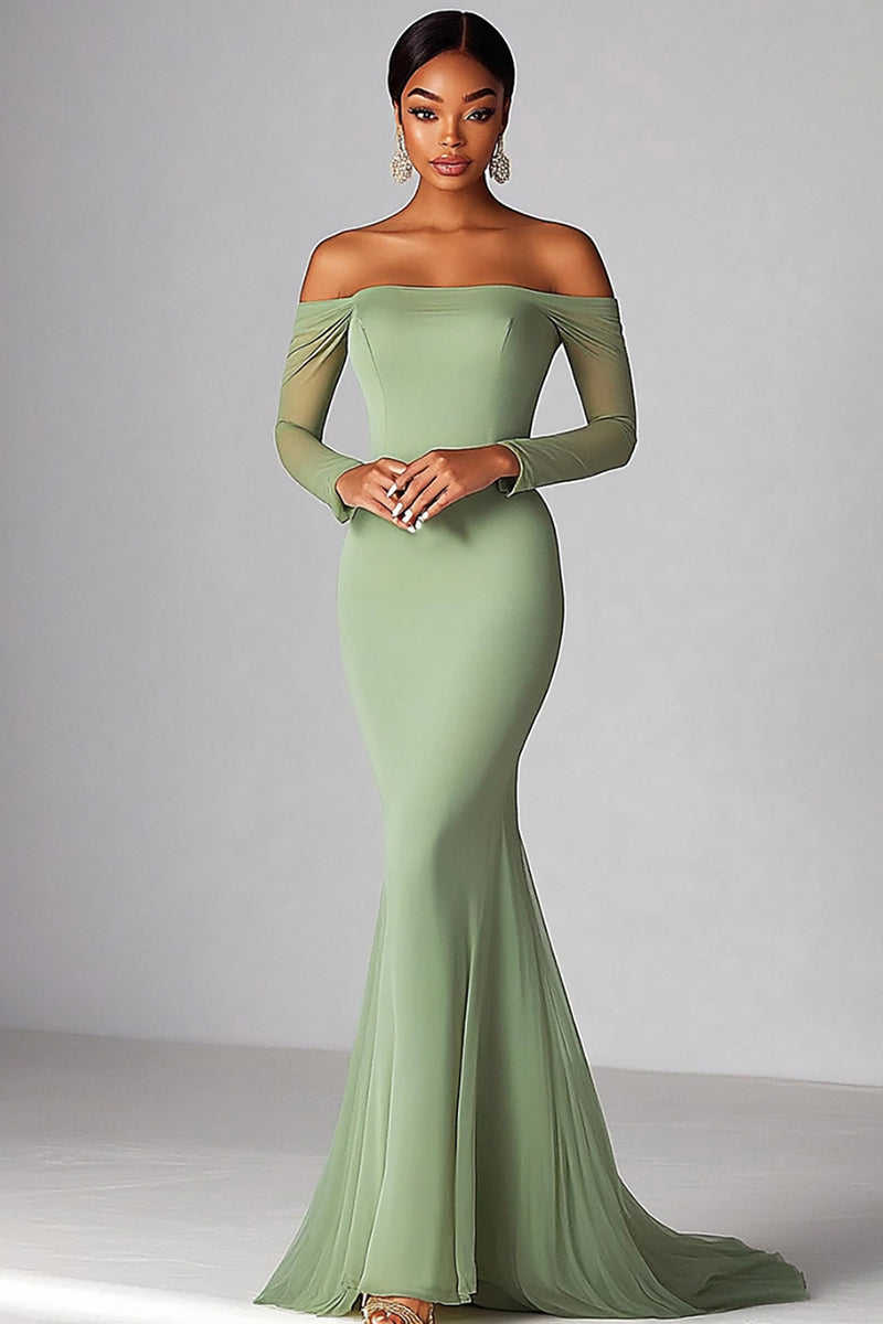 Elegant Dusty Sage Long Mermaid Off-the-shoulder Prom Dress With Lace