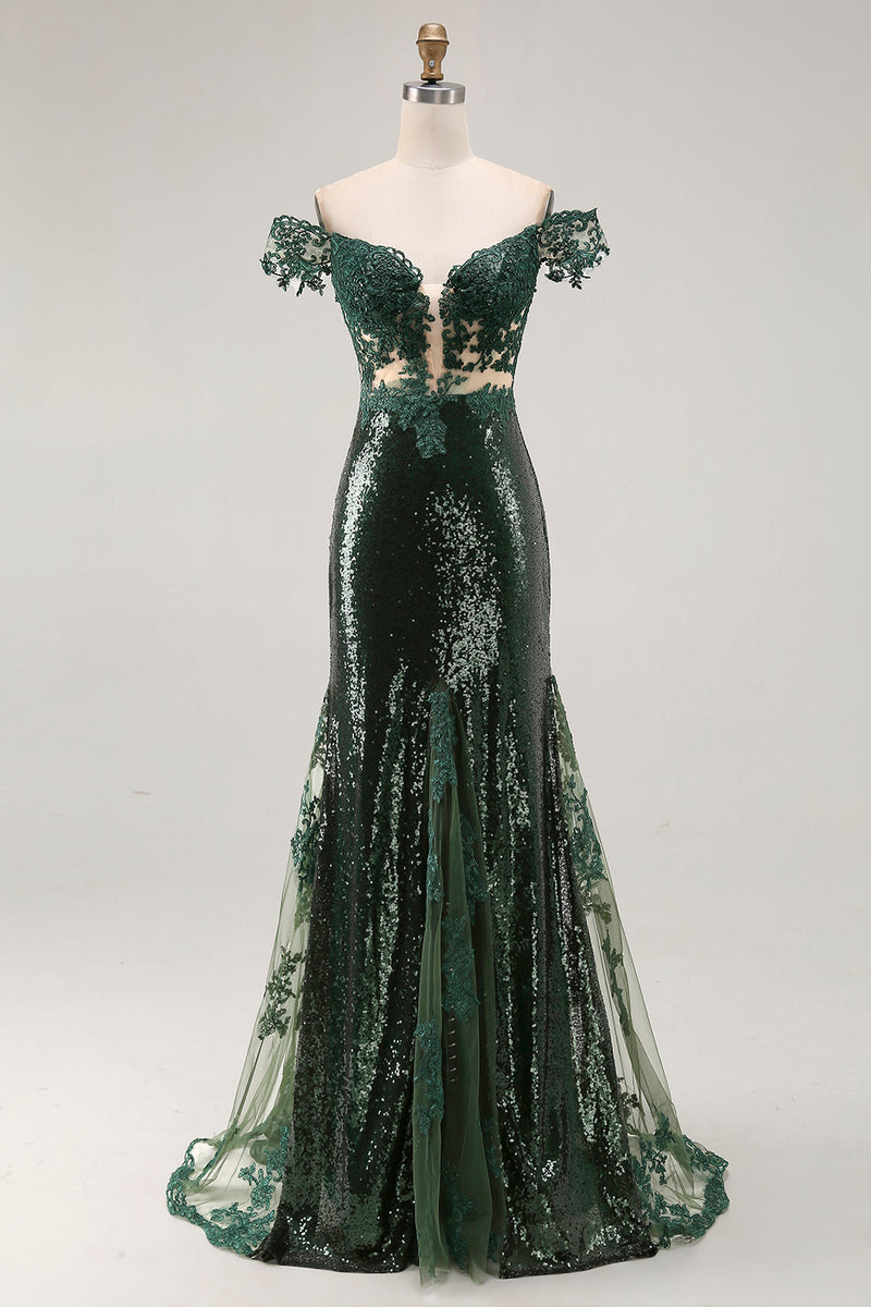 dark green and silver dress Sequins Elegenat Long Dark Green Prom Dress With Slit