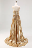 Load image into Gallery viewer, Metallic Gold Metallic Deep V Neck Pleated A Line Long Prom Dress