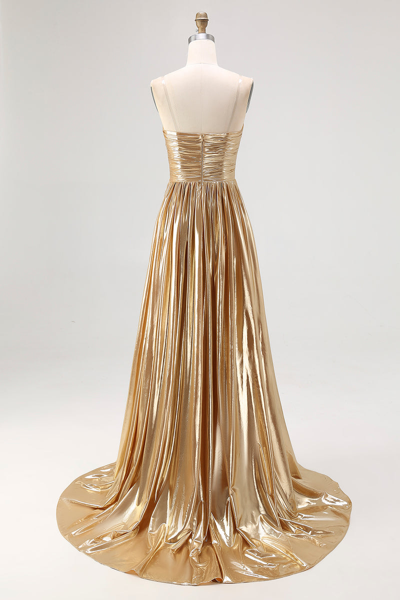 Load image into Gallery viewer, Metallic Gold Metallic Deep V Neck Pleated A Line Long Prom Dress