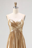 Load image into Gallery viewer, Metallic Gold Metallic Deep V Neck Pleated A Line Long Prom Dress