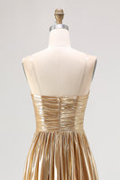 Load image into Gallery viewer, Metallic Gold Metallic Deep V Neck Pleated A Line Long Prom Dress