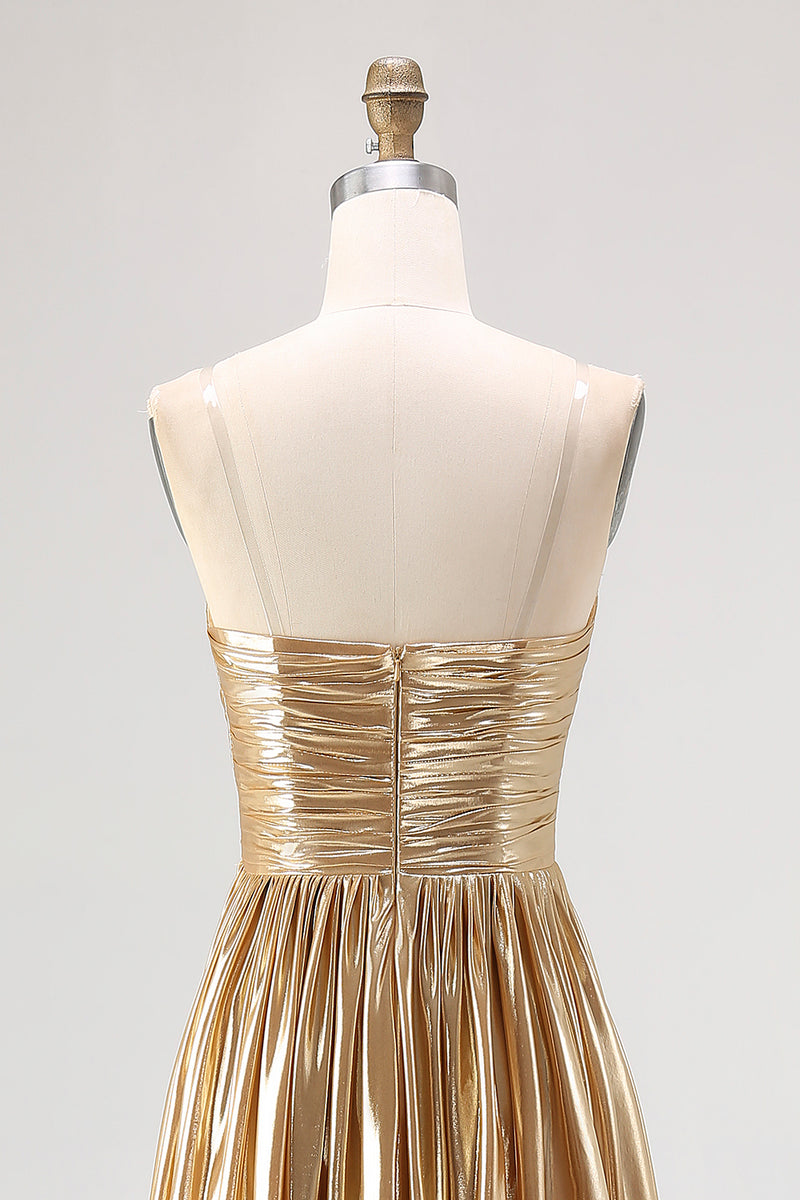 Load image into Gallery viewer, Metallic Gold Metallic Deep V Neck Pleated A Line Long Prom Dress