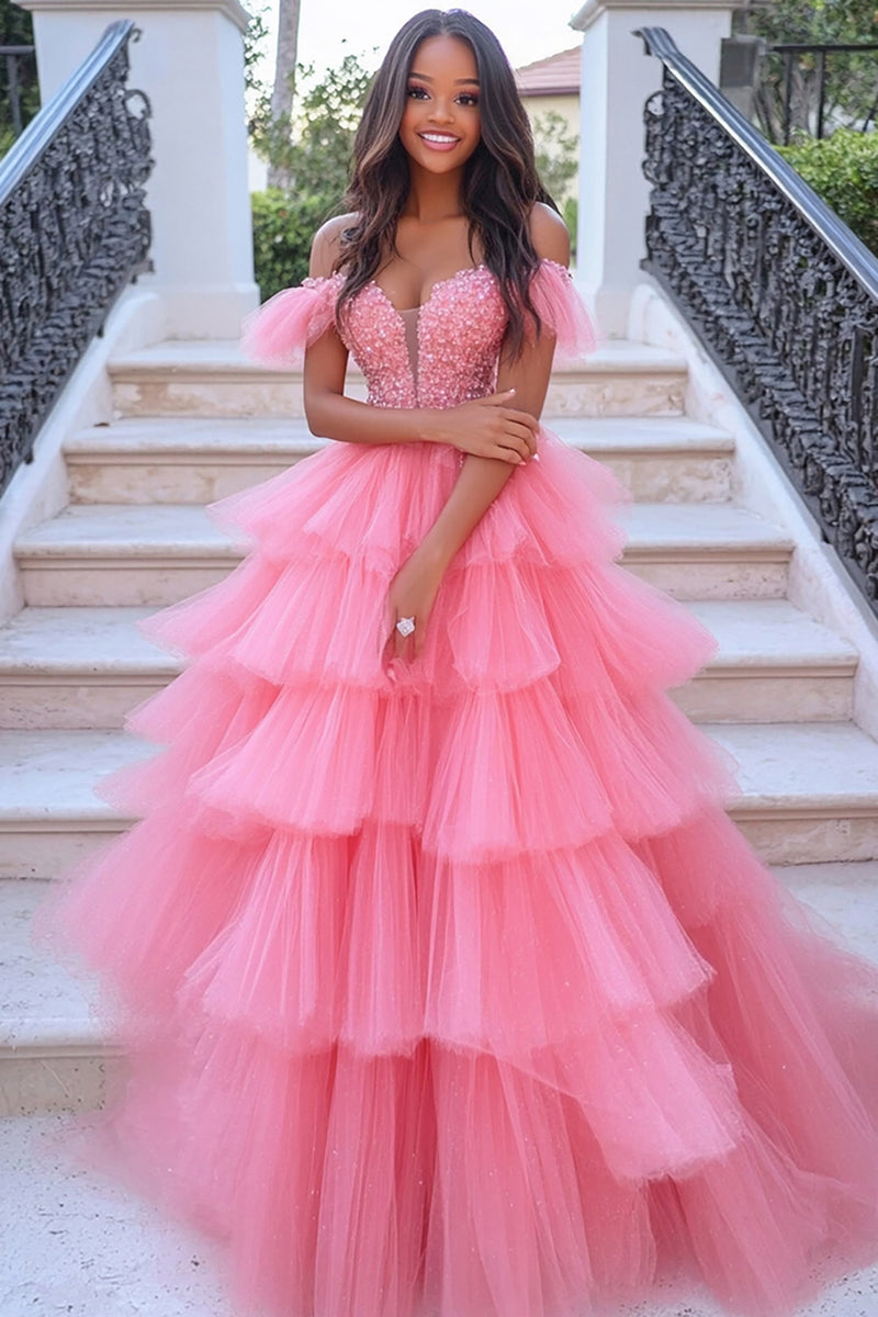 Load image into Gallery viewer, Coral Ruffled Appliqued Floor Length Prom Dress