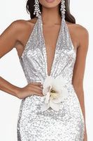 Load image into Gallery viewer, Sparkly Silver Sheath Halter Prom Dress with 3D Flowers