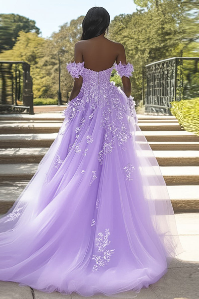 Load image into Gallery viewer, Floral Lilac Appliqued Strapless A Line Prom Dress with Slit