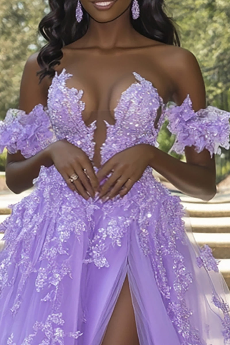Load image into Gallery viewer, Floral Lilac Appliqued Strapless A Line Prom Dress with Slit