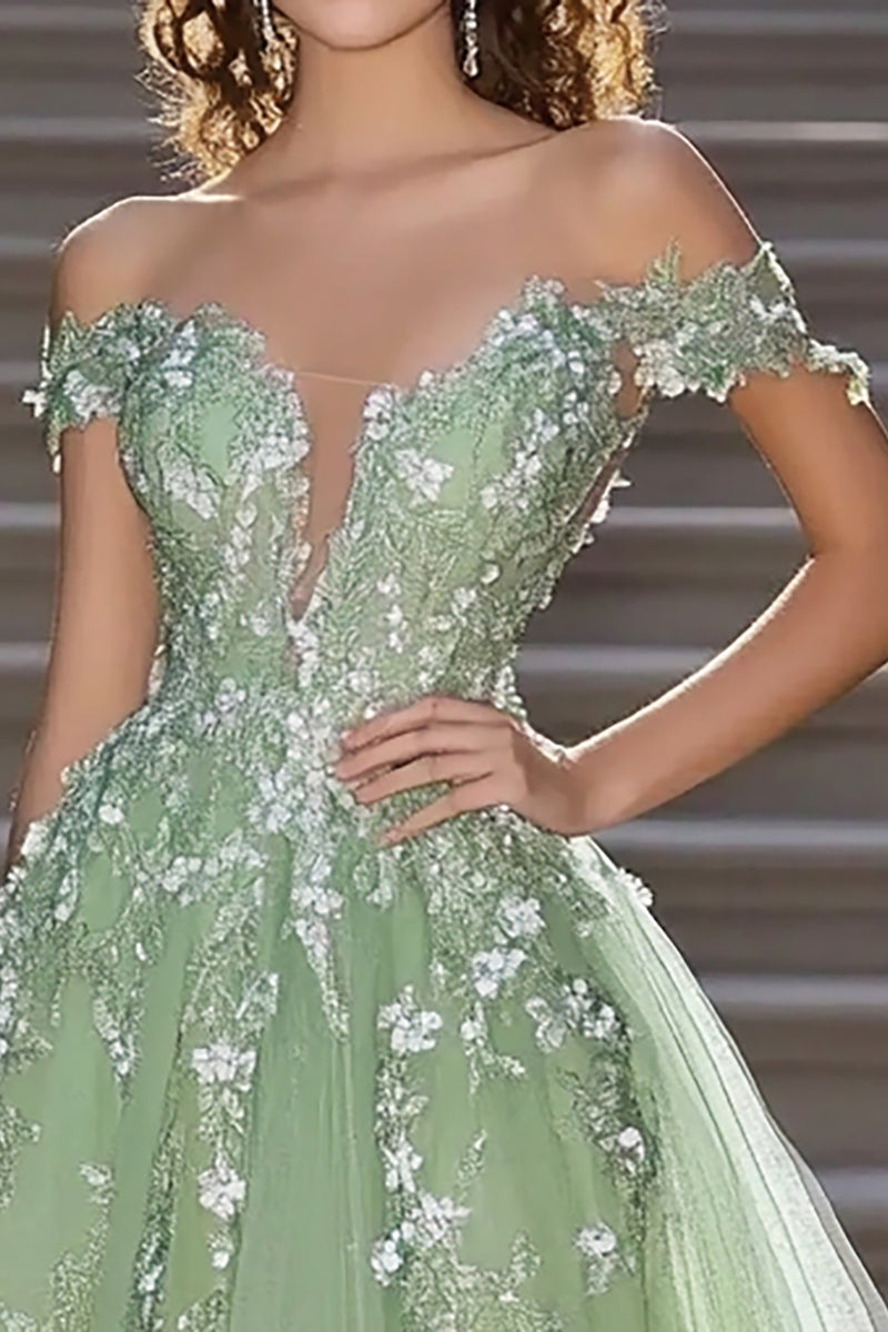 Load image into Gallery viewer, Sage A Line Tulle Off The Shoulder Floor Length Prom Dress with Appliques