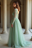 Load image into Gallery viewer, Sage V-Neck Applique Long Sleeves A Line Prom Dress