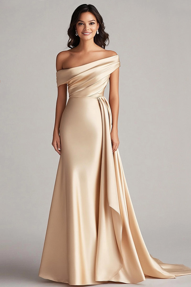 Queendancer Women Elegant Champagne Satin Formal Dress with Side Cape Mermaid Off the Shoulder Ruched Long Prom Dress – queendancer